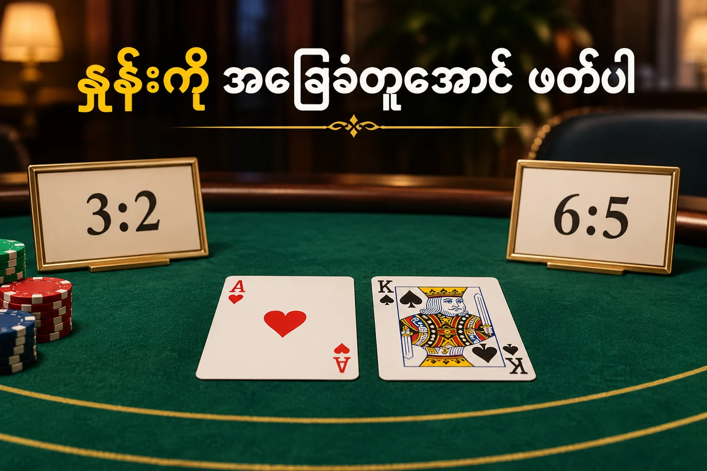 Ace နှင့် King နှစ်ချပ်နှင့် 3:2၊ 6:5 နှုန်းကတ်များကို ပြထားသော နမူနာ