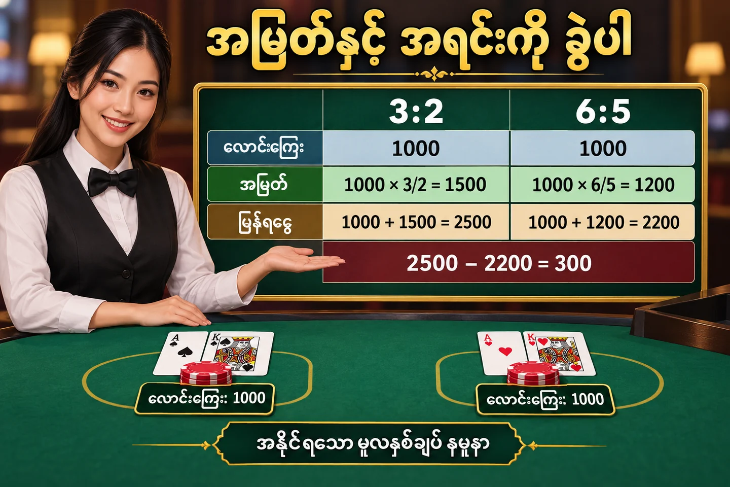 လောင်းကြေး 1,000 မှ အမြတ်နှင့် စုစုပေါင်းပြန်ရငွေ နှစ်မျိုးကို ခွဲတွက်ထားပုံ