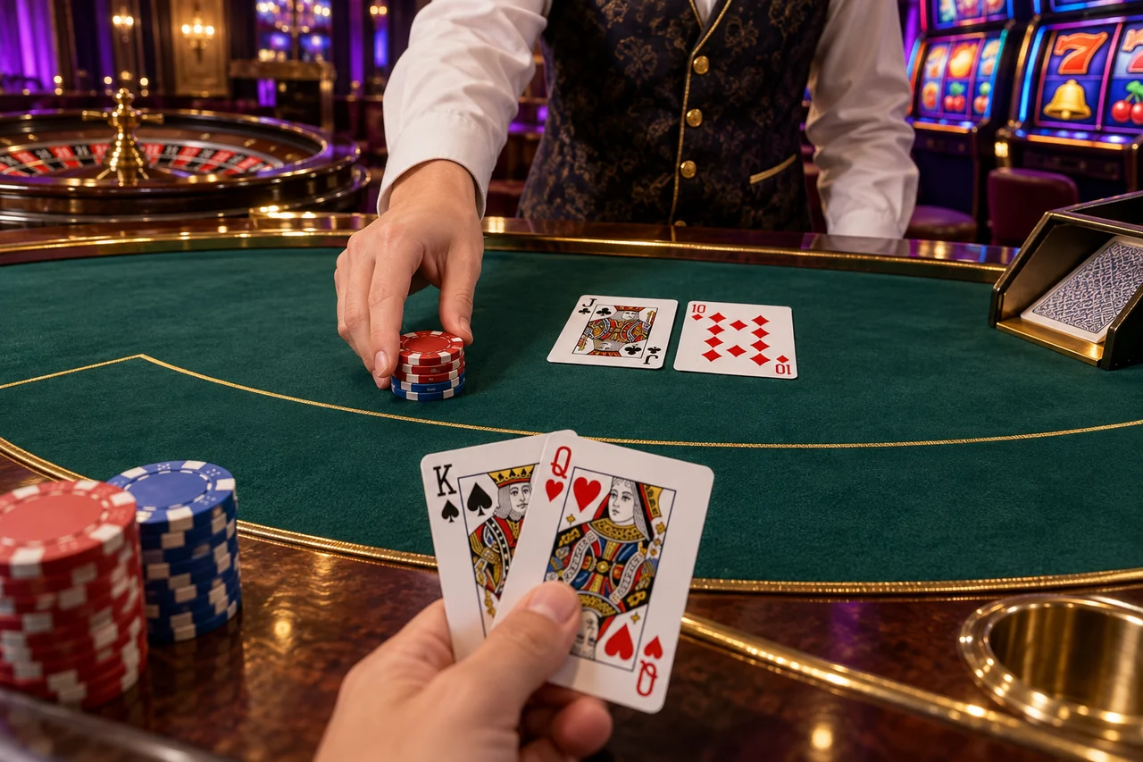 Blackjack စားပွဲတွင် K နှင့် Q လက်၊ J နှင့် 10 လက်တို့ 20 မှတ်စီတူပြီး လောင်းကြေး chip ပြန်ပေးနေသည့် သရုပ်ဖော်ပုံ။