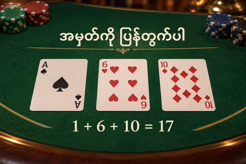 Blackjack စားပွဲပေါ်ရှိ A၊ 6၊ 10 ကတ်များနှင့် စုစုပေါင်း 17