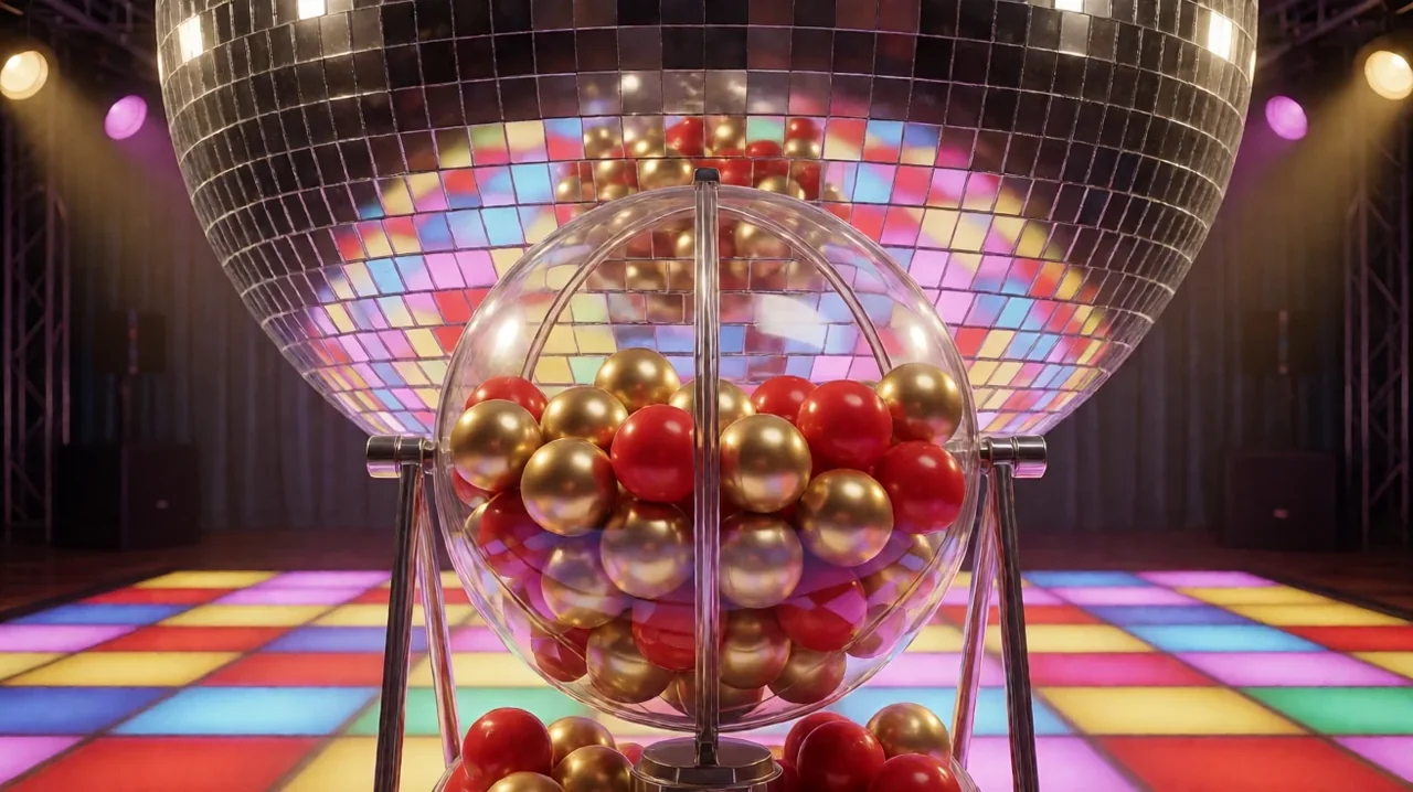 ကြီးမားသော မှန်ဘောလုံး (disco ball) အောက်ရှိ ပွင့်လင်းသော ဘောလုံးထုတ်စက်ထဲတွင် ရွှေရောင်နှင့် အနီရောင် ဘောလုံးများ၊ အရောင်စုံ အလင်းထွက် ကခုန်ကြမ်းပြင်