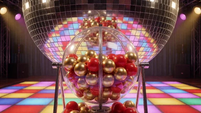 ကြီးမားသော မှန်ဘောလုံး (disco ball) အောက်ရှိ ပွင့်လင်းသော ဘောလုံးထုတ်စက်ထဲတွင် ရွှေရောင်နှင့် အနီရောင် ဘောလုံးများ၊ အရောင်စုံ အလင်းထွက် ကခုန်ကြမ်းပြင်